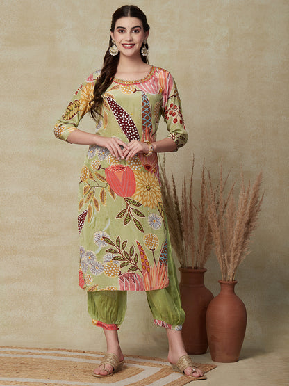 Floral Printed Mirror & Aari Embroidered Pure Crepe Kurta with Salwar & Dupatta - Pastel Green