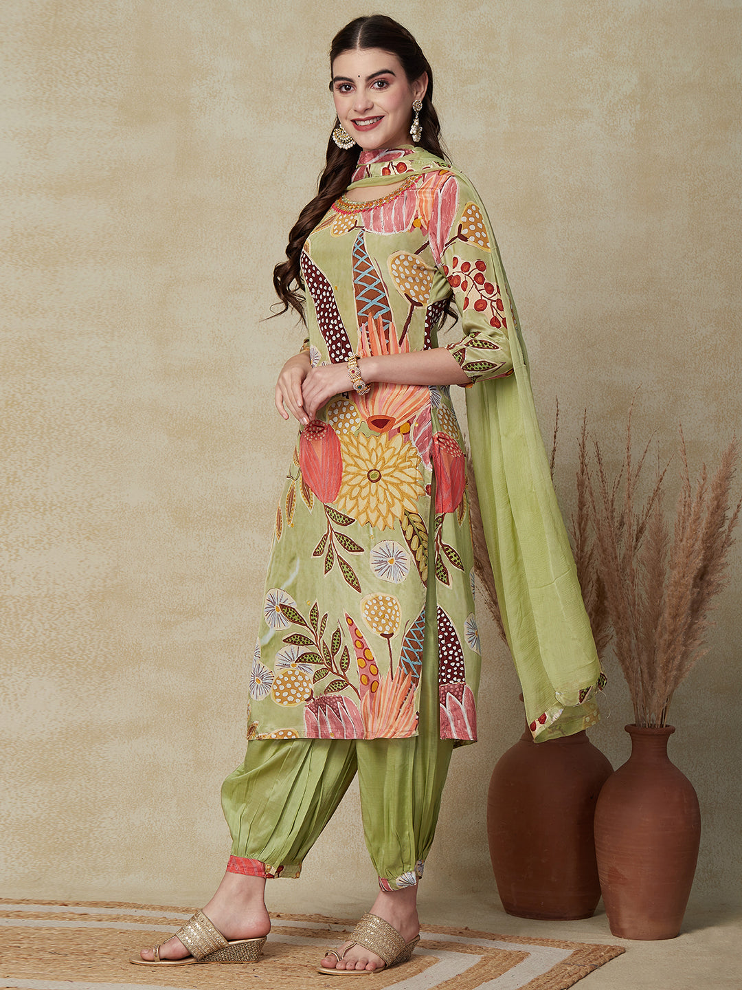 Floral Printed Mirror & Aari Embroidered Pure Crepe Kurta with Salwar & Dupatta - Pastel Green