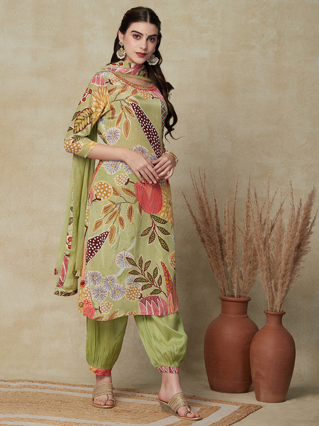 Floral Printed Mirror & Aari Embroidered Pure Crepe Kurta with Salwar & Dupatta - Pastel Green