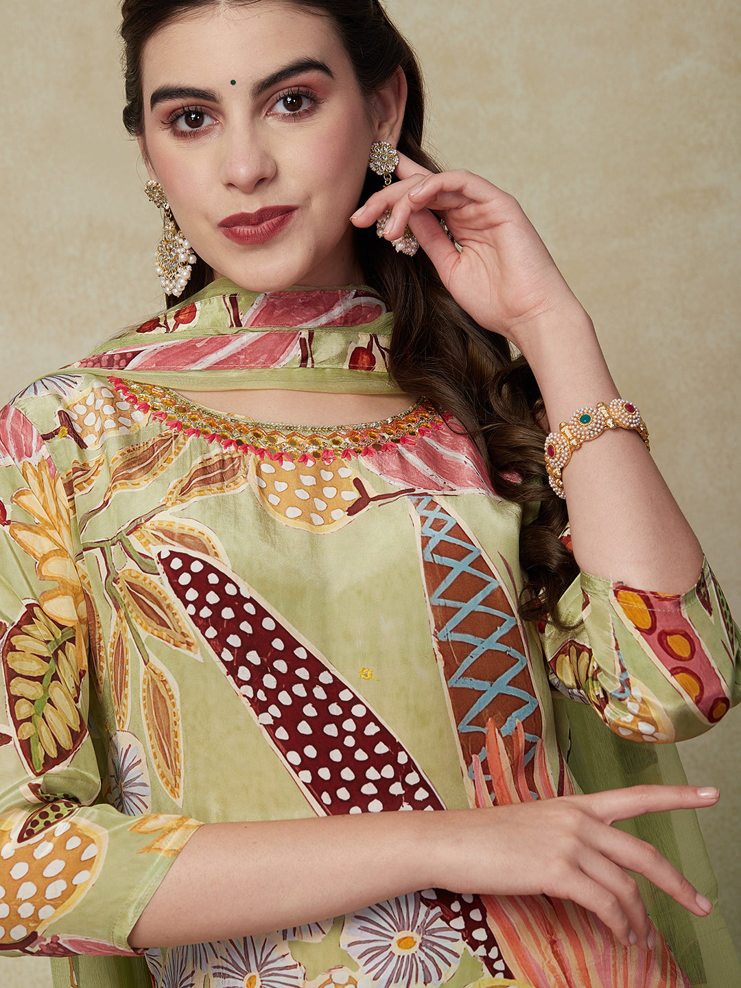 Floral Printed Mirror & Aari Embroidered Pure Crepe Kurta with Salwar & Dupatta - Pastel Green