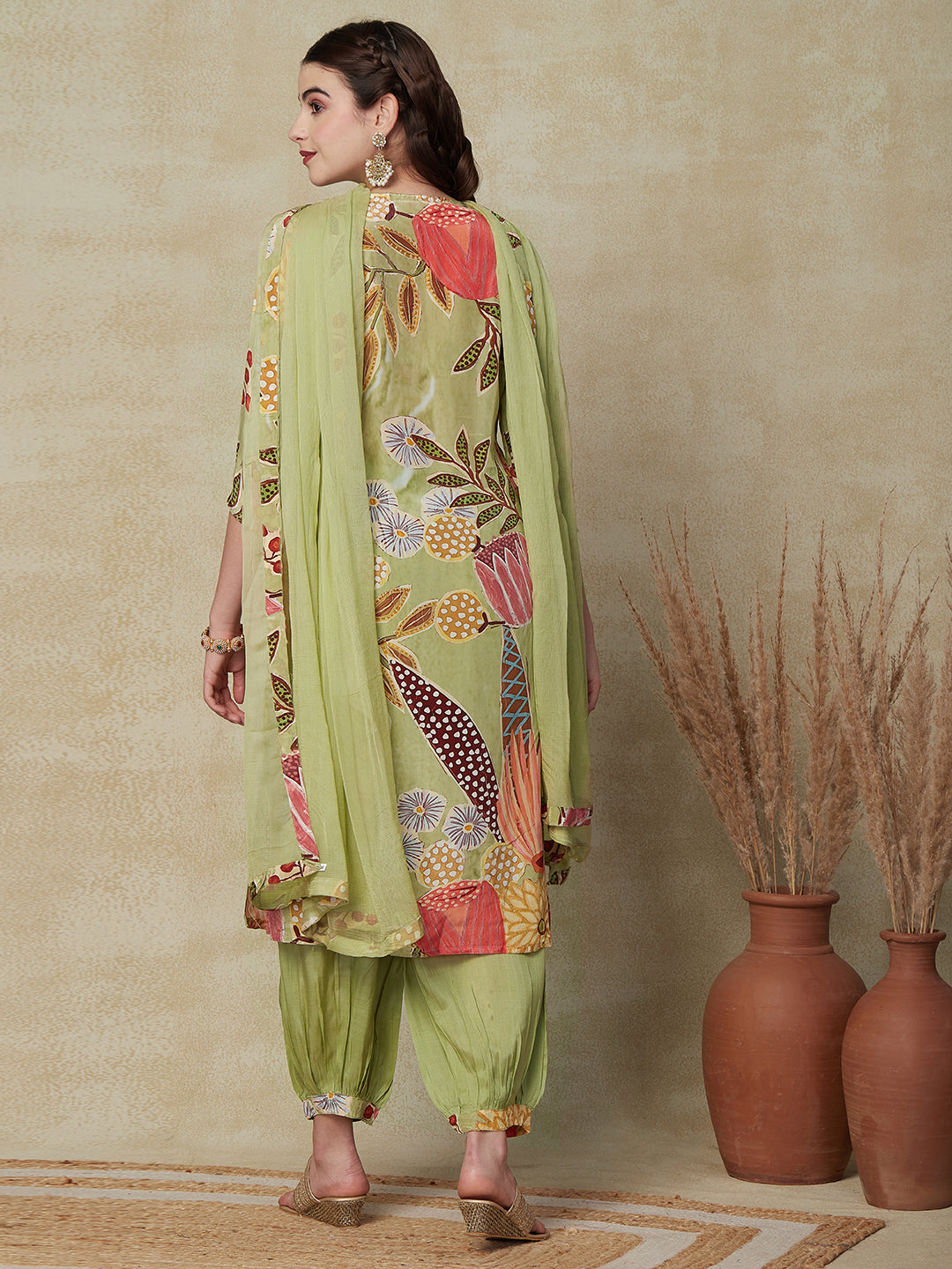 Floral Printed Mirror & Aari Embroidered Pure Crepe Kurta with Salwar & Dupatta - Pastel Green