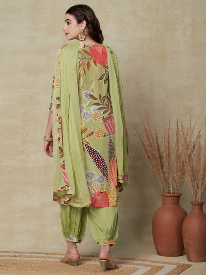 Floral Printed Mirror & Aari Embroidered Pure Crepe Kurta with Salwar & Dupatta - Pastel Green