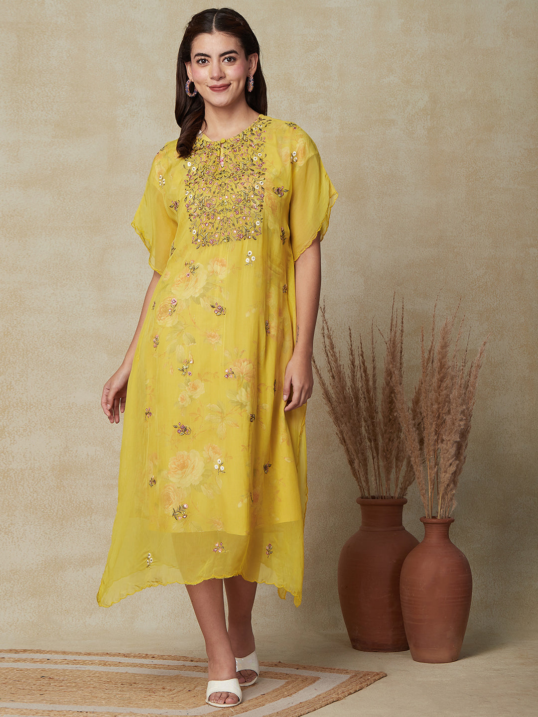 Floral Printed A-Line Midi Dress with Embroidered Kaftan Jacket - Yellow