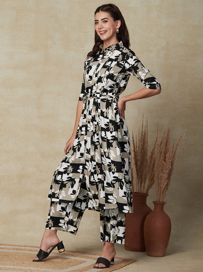 Abstract Printed Paneled A-line Kurta with Waist Belt & Palazzo - White & Black