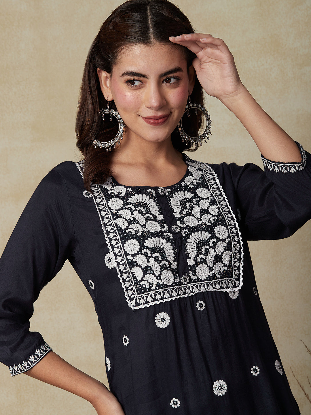 Solid Mirror & Resham Embroidered Kurta with Pants - Blue – FASHOR