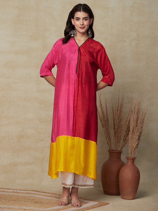 Solid Colorblocked A-Line High-Low Kurta with Palazzo - Multi