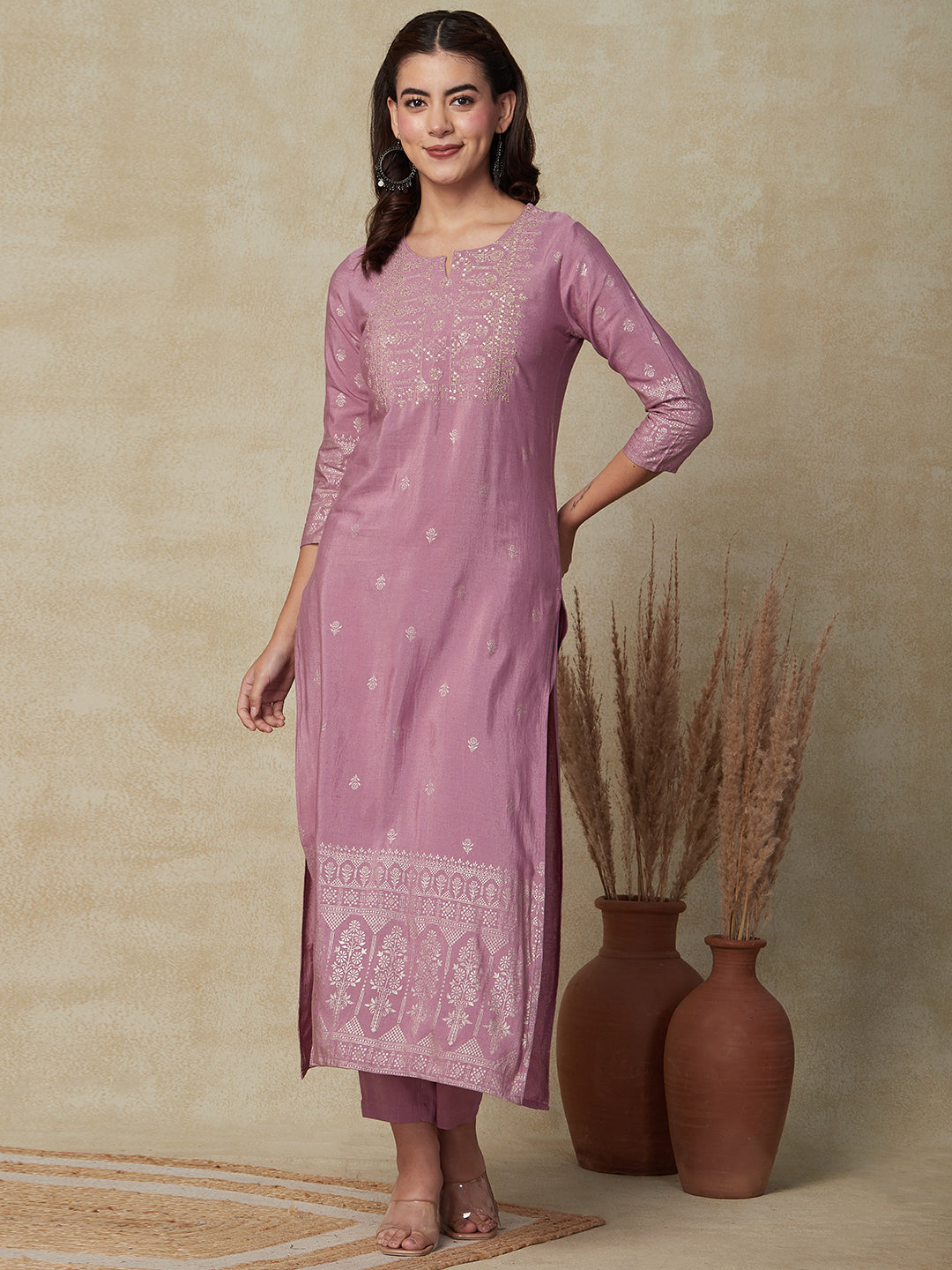 Pink Silk Floral and Chevron Printed Lace Embroidered Kurti Pant