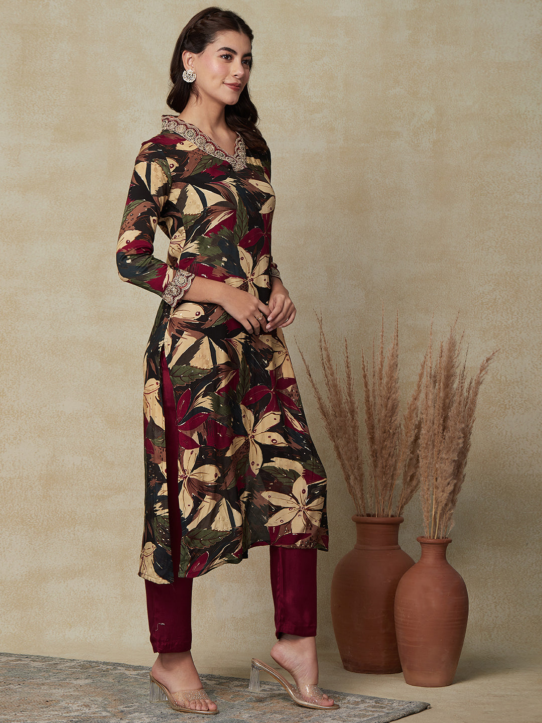 Floral & Abstract Printed Zari & Resham Embroidered Kurta with Pants - Multi