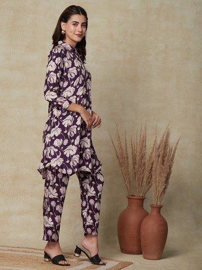 Floral Foil Printed Kurta with Pants Indo-Western Co-ord Set - Violet