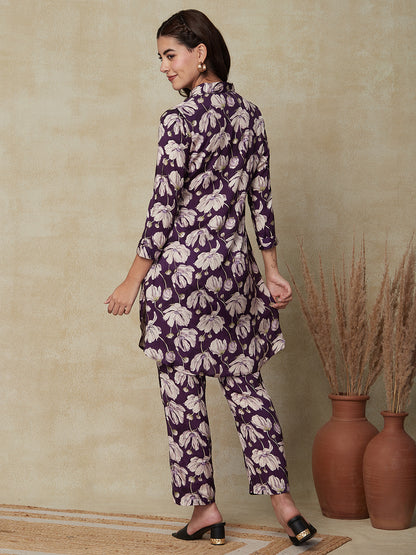 Floral Foil Printed Kurta with Pants Indo-Western Co-ord Set - Violet