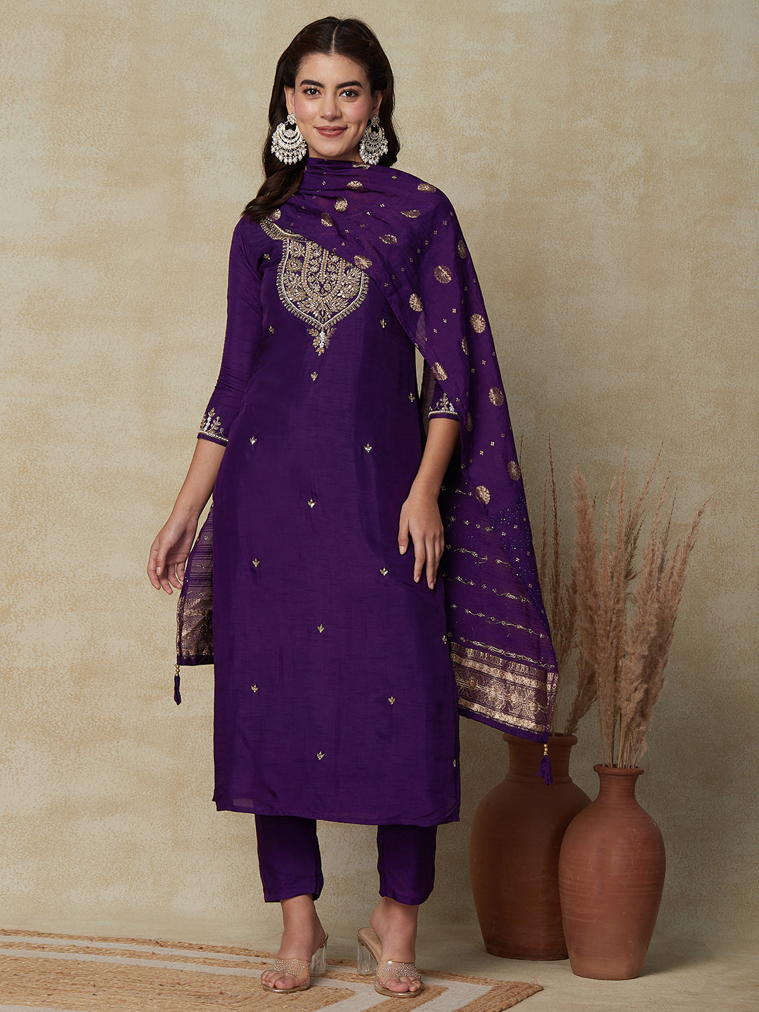 Solid Ethnic Hand Embroidered Straight Fit Kurta with Pant & Dupatta ...