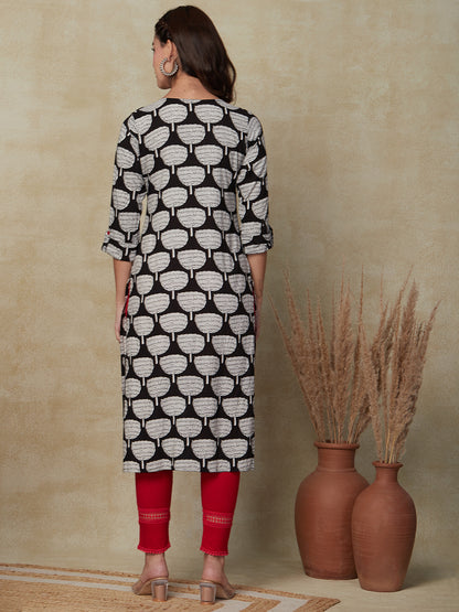 Floral Printed Resham Embroidered Fringed Tasseled Kurta- Black