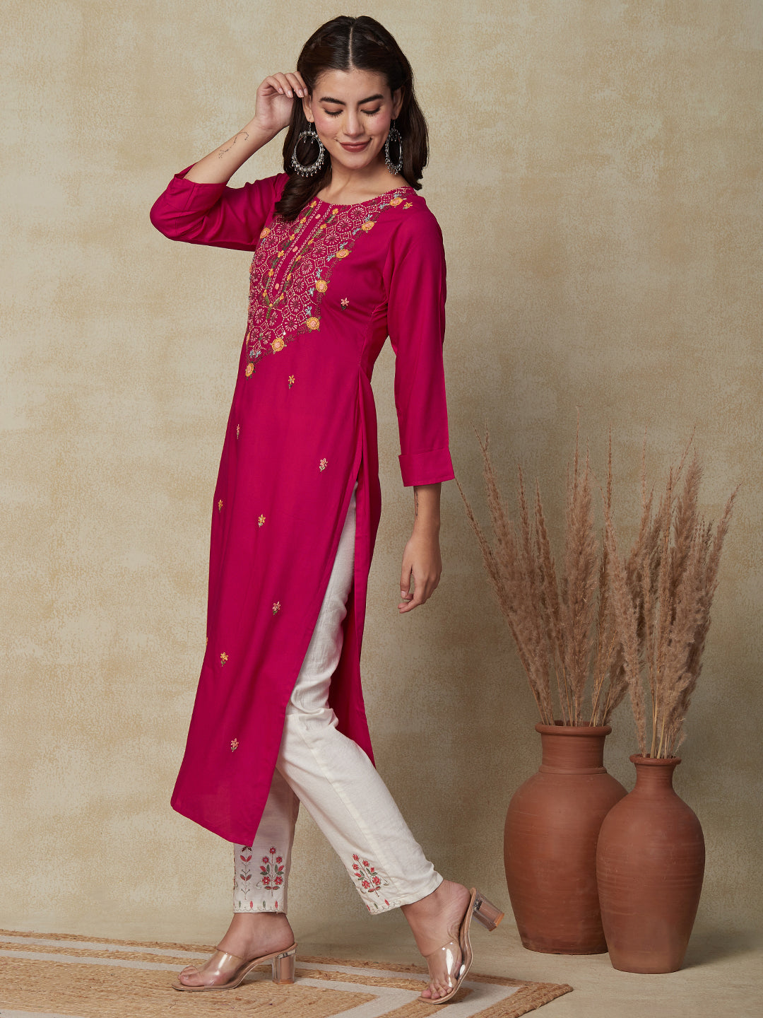 Floral Kantha Hand Embroidered Straight Fit Kurta - Pink