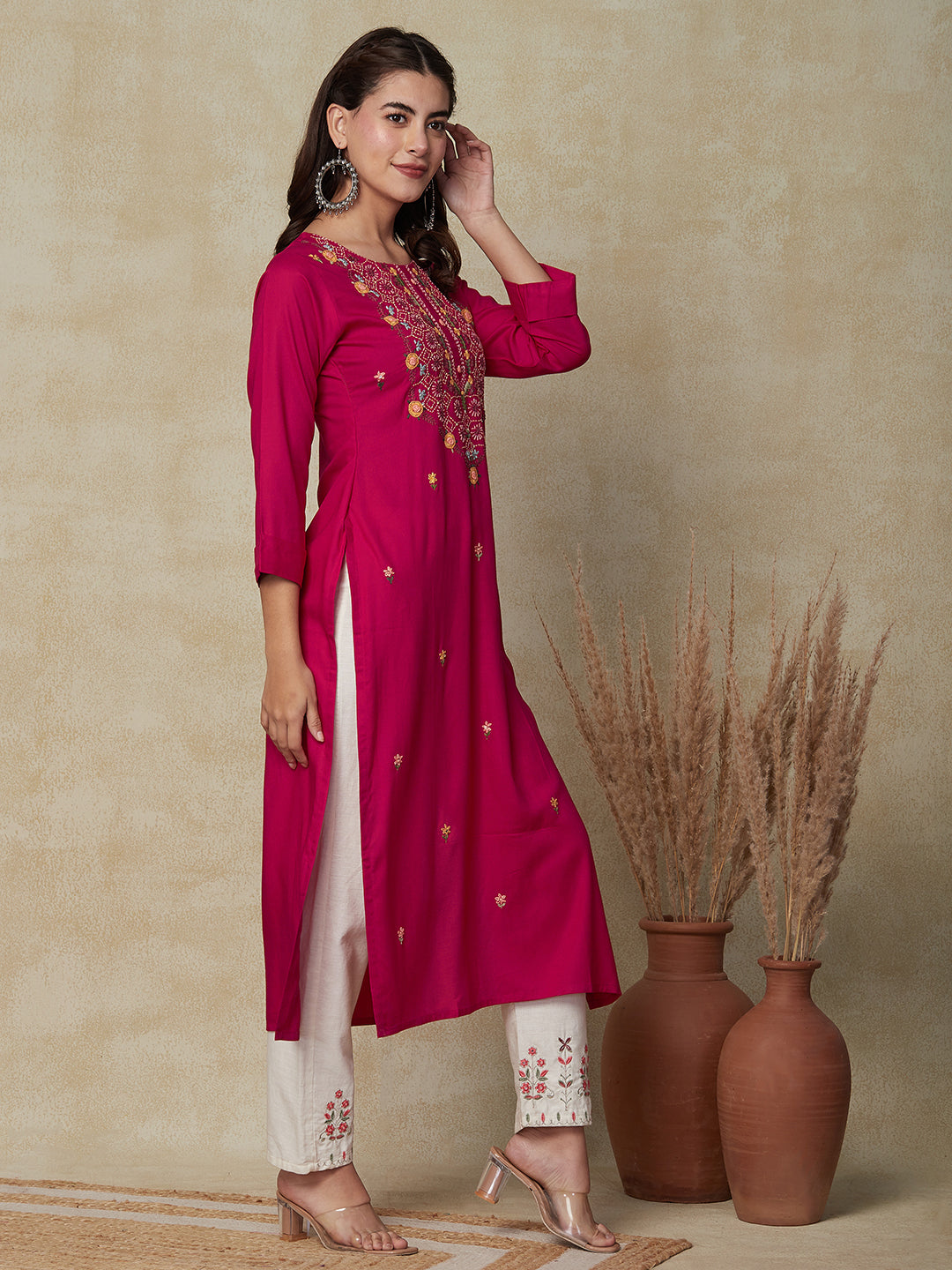 Floral Kantha Hand Embroidered Straight Fit Kurta - Pink