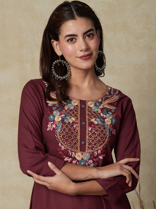 Floral Hand Embroidered Straight Fit Kurta - Burgundy