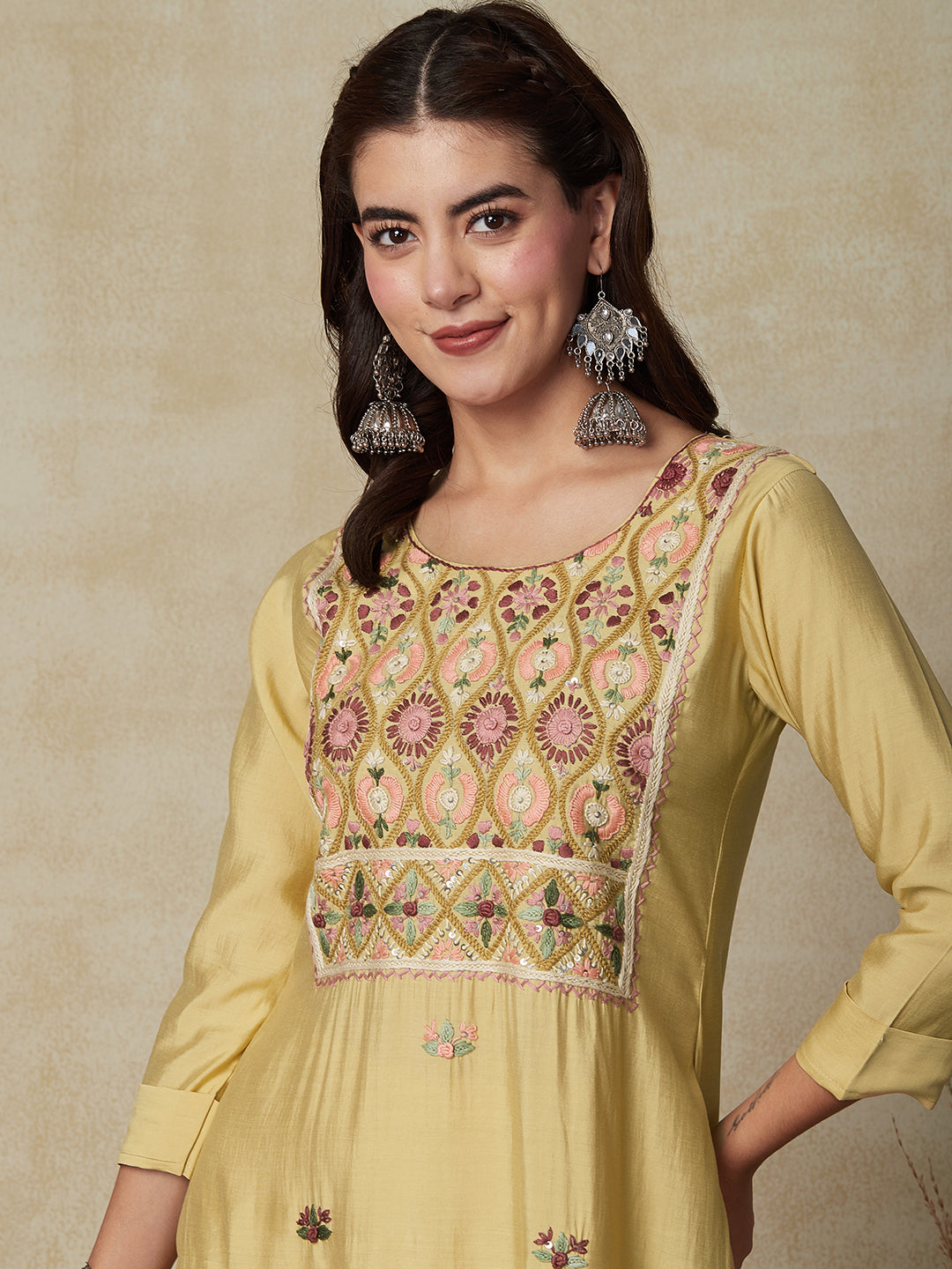 Solid Floral Hand Embroidered Straight Fit Kurta - Pastel Yellow – FASHOR