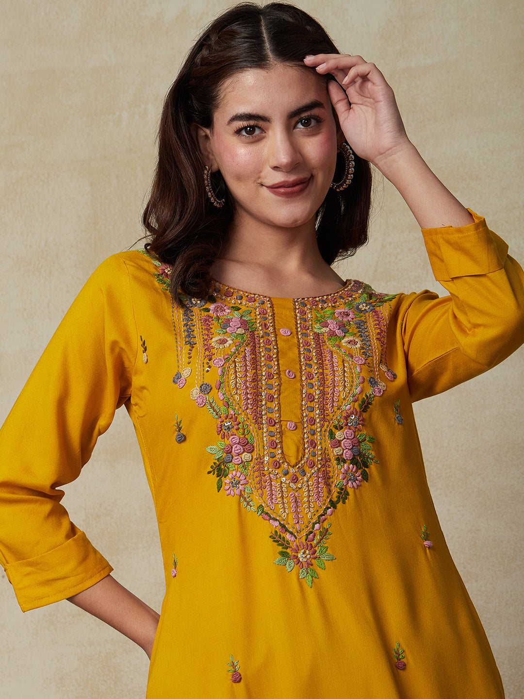 Floral Embroidered Straight Fit Kurta - Yellow