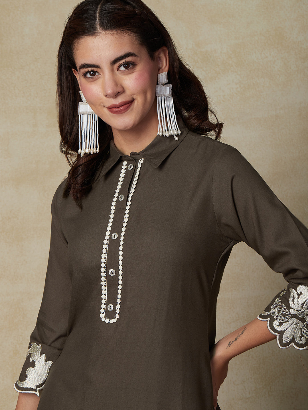 Solid Floral Embroidered A-Line Kurta with Pant - Mouse Grey