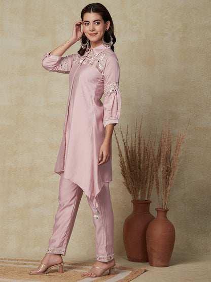 Solid Mirror Work Embroidered A-Line Kurta with Pant - Pink