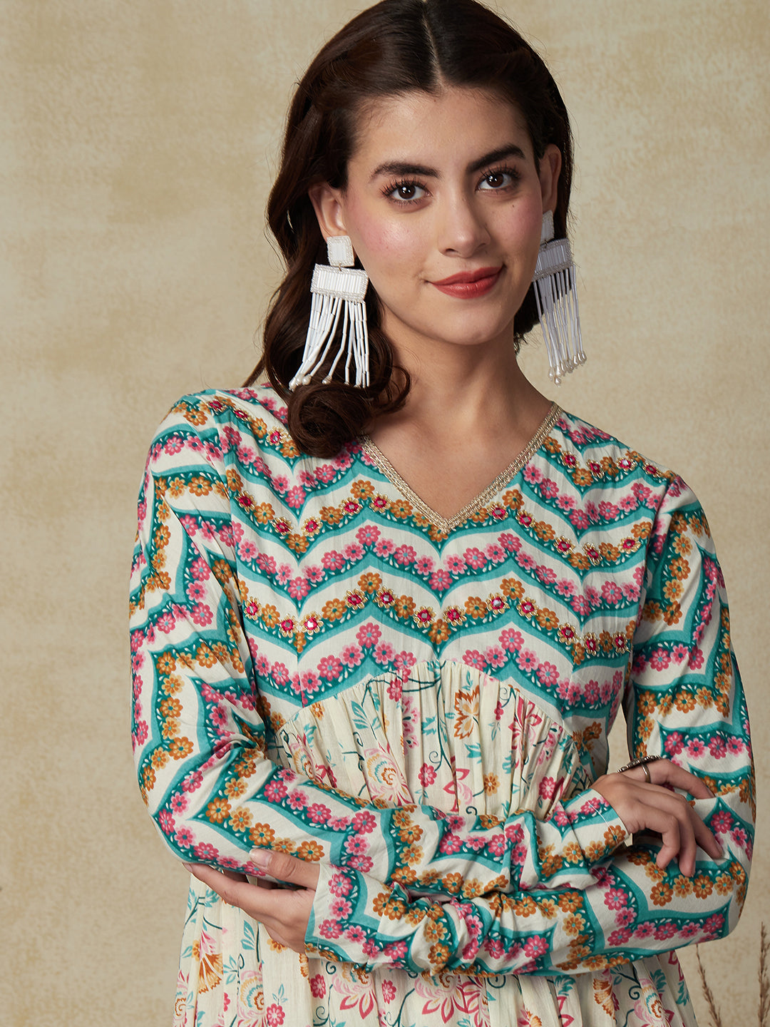 Ethnic & Chevron Printed & Embroidered A-Line Pleated Kurta with Palazzo - Off White