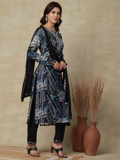 Abstract Printed Mirror, Gotapatti & Beads Embroidered Kurta with Pants & Dupatta - Blue