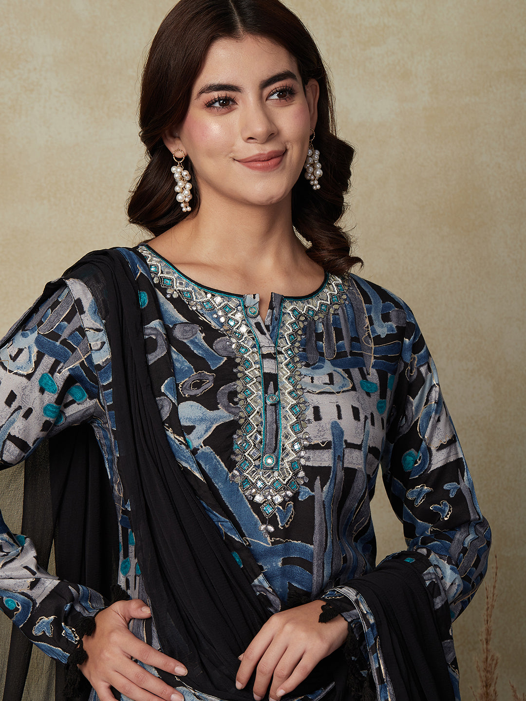 Abstract Printed Mirror, Gotapatti & Beads Embroidered Kurta with Pants & Dupatta - Blue