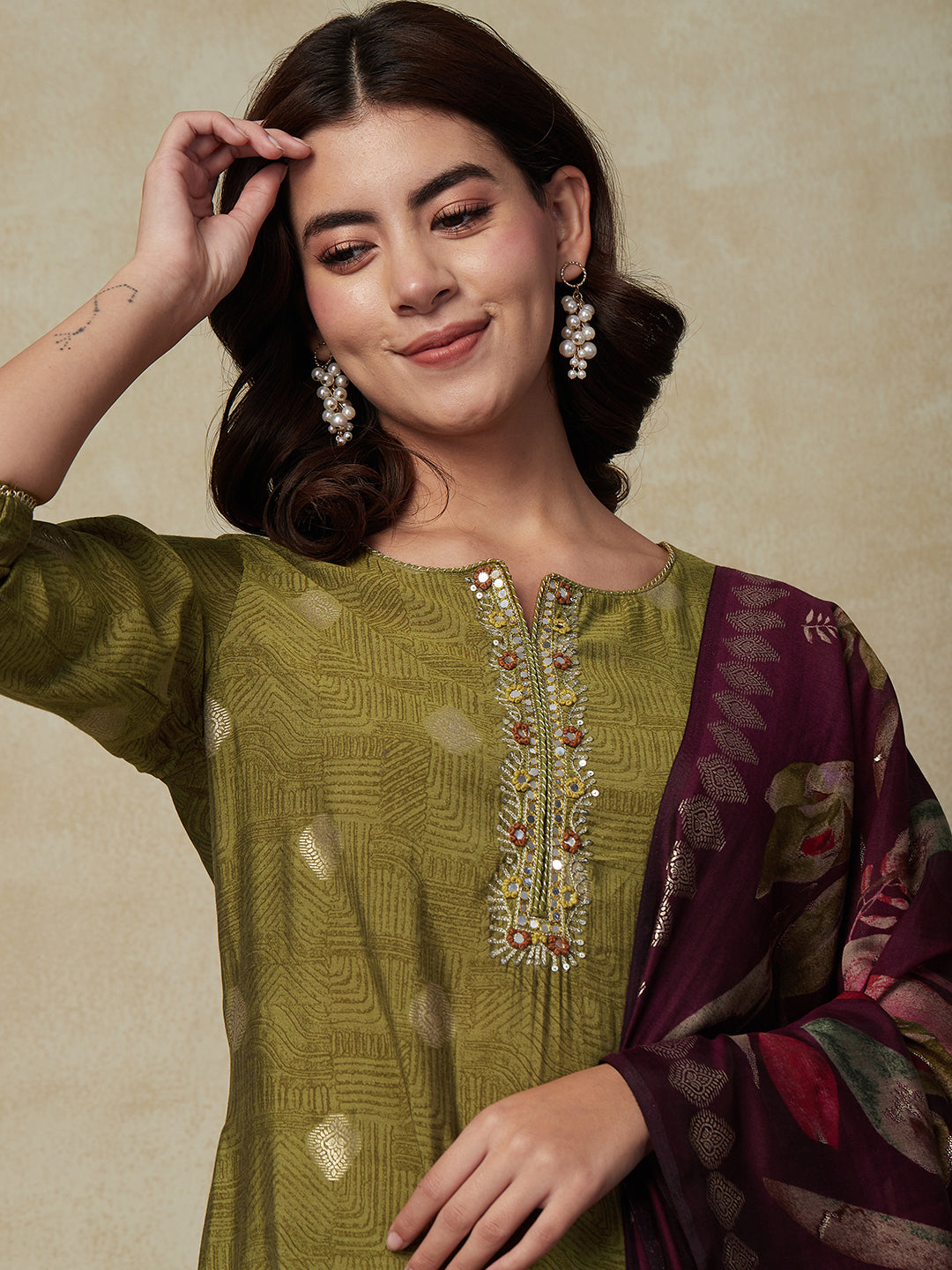 Abstract Printed Mirror & Zari Embroidered Kurta with Pants & Floral Dupatta - Olive