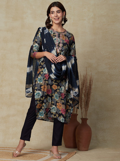 Floral Printed Mirror & Zari Embroidered Kurta with Pants & Dupatta - Multi