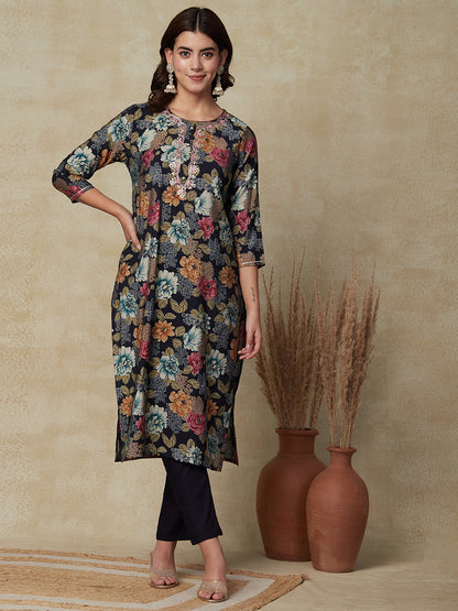 Floral Printed Mirror & Zari Embroidered Kurta with Pants & Dupatta - Multi