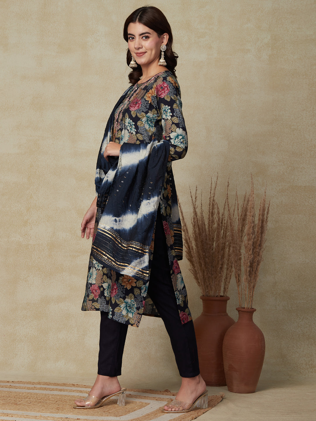 Floral Printed Mirror & Zari Embroidered Kurta with Pants & Dupatta - Multi