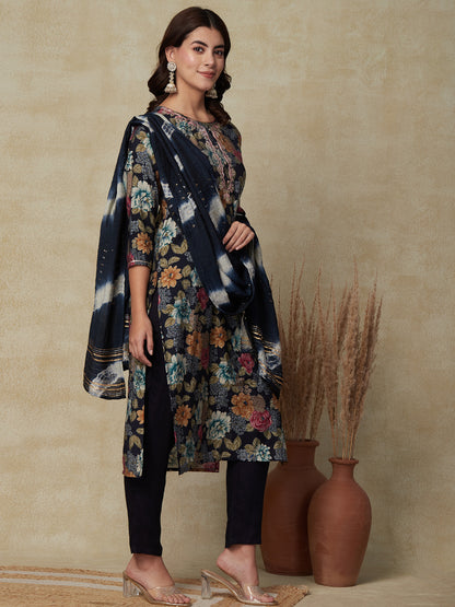 Floral Printed Mirror & Zari Embroidered Kurta with Pants & Dupatta - Multi