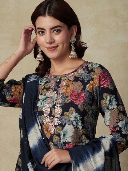 Floral Printed Mirror & Zari Embroidered Kurta with Pants & Dupatta - Multi