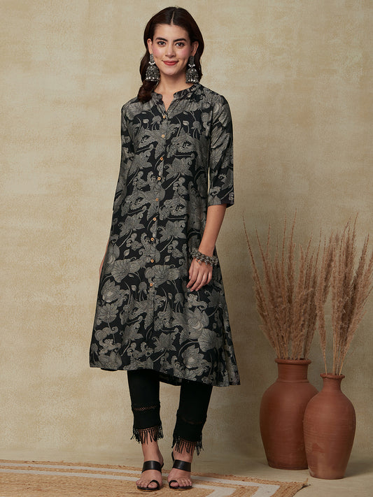 Ethnic Printed A-Line Kurta - Black
