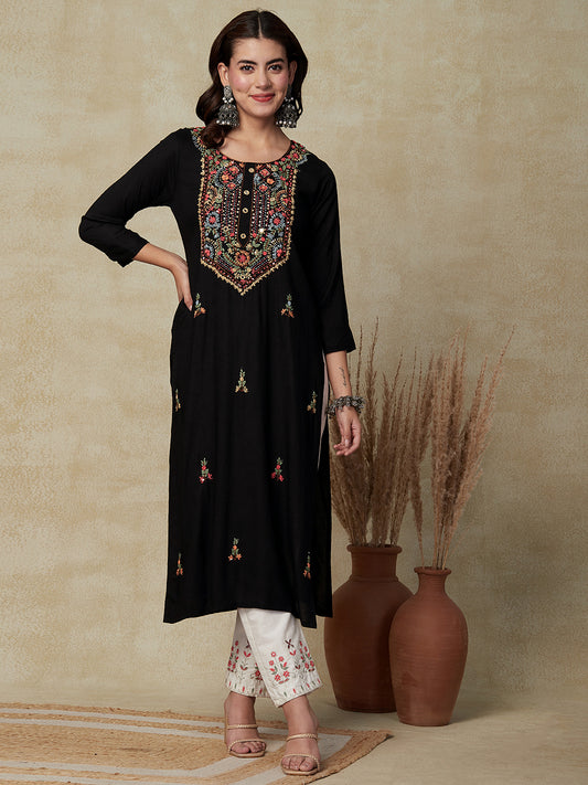 Floral Hand Embroidered Straight Fit Kurta - Black