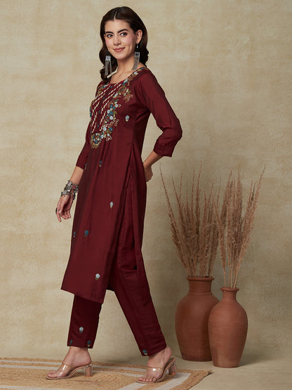 Floral Hand Embroidered Straight Fit Kurta - Brown