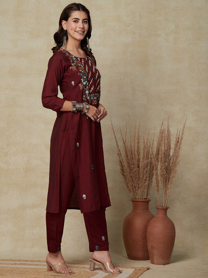 Floral Hand Embroidered Straight Fit Kurta - Brown