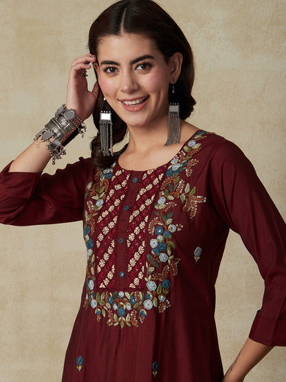 Floral Hand Embroidered Straight Fit Kurta - Brown