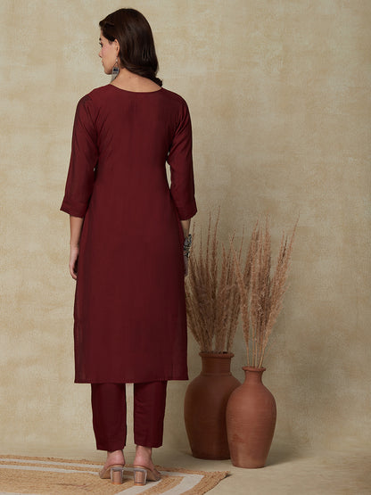 Floral Hand Embroidered Straight Fit Kurta - Brown