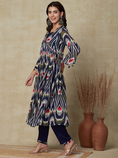 Abstract Printed Mirror Embroidered High Slit Kurta with Inner & Pants - Blue