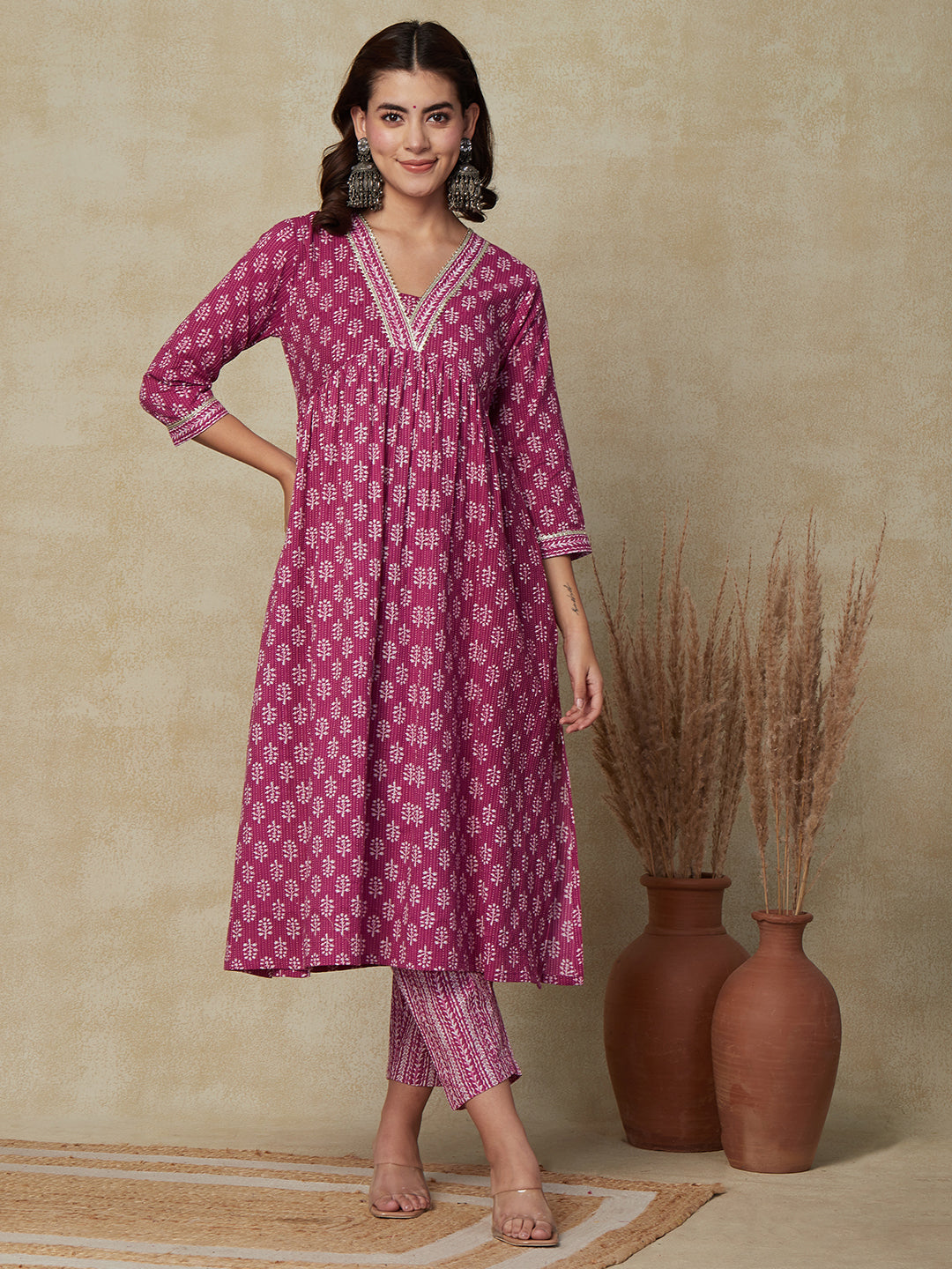 Ethnic & Stripes Printed & Embroidered A-Line Kurta with Pant - Purple