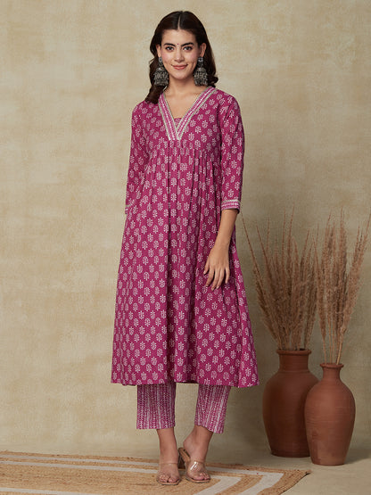 Ethnic & Stripes Printed & Embroidered A-Line Kurta with Pant - Purple