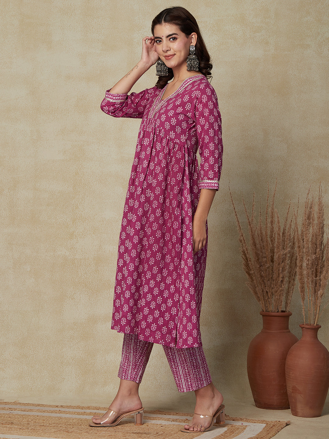 Ethnic & Stripes Printed & Embroidered A-Line Kurta with Pant - Purple