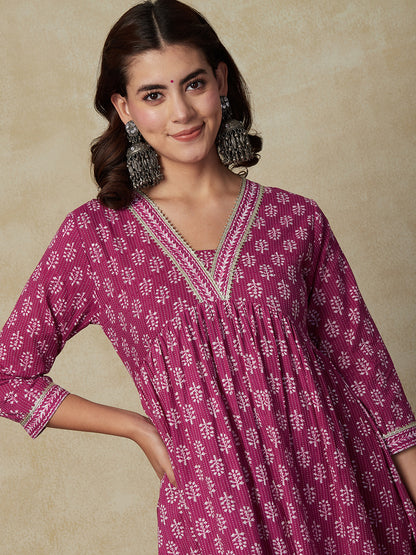 Ethnic & Stripes Printed & Embroidered A-Line Kurta with Pant - Purple