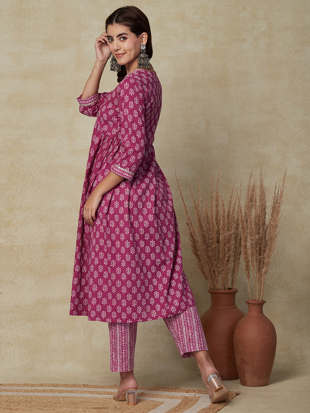 Ethnic & Stripes Printed & Embroidered A-Line Kurta with Pant - Purple