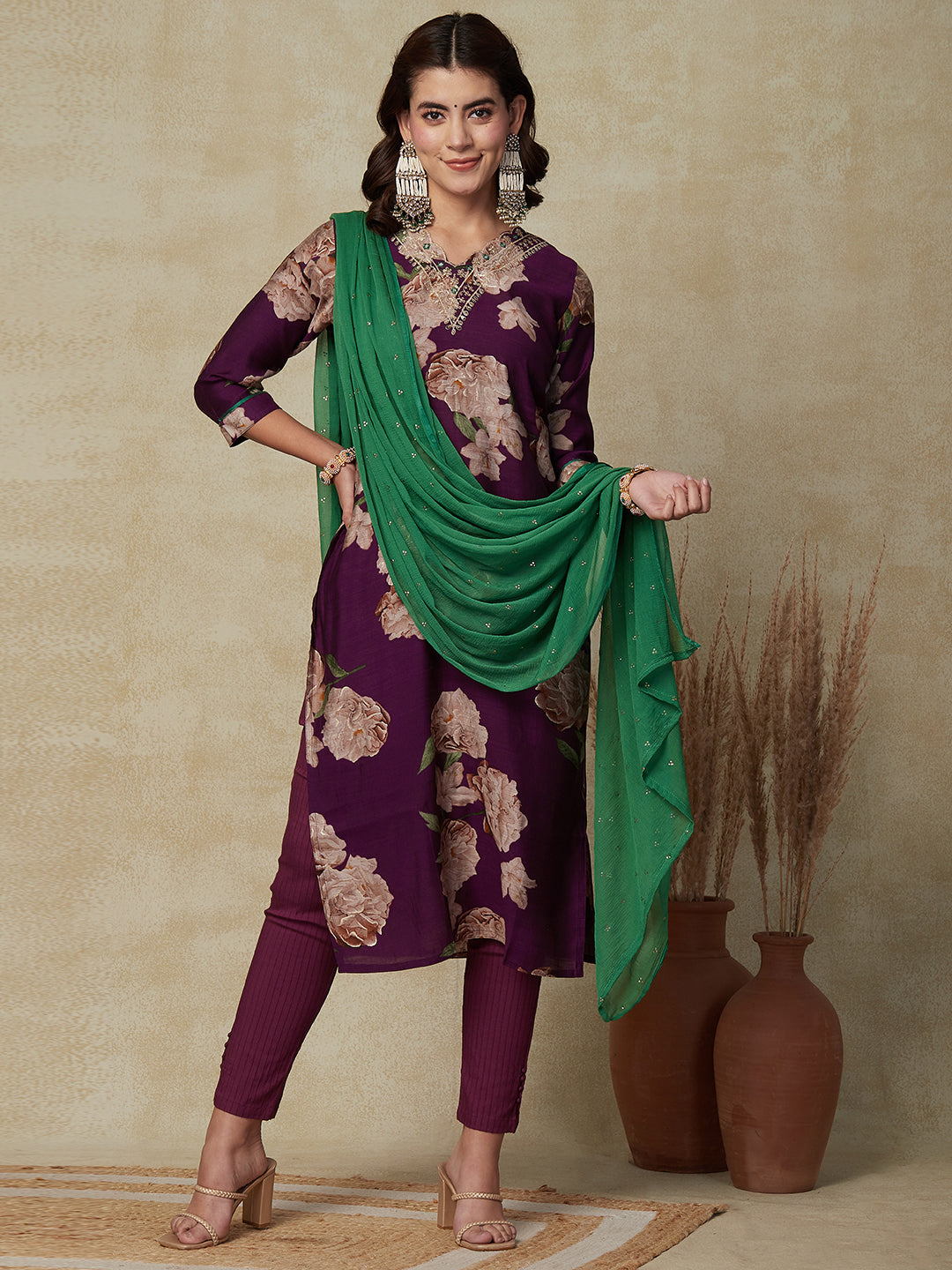 Floral Foil Printed Mirror & Zari Embroidered Kurta with Foil Printed Dupatta - Violet