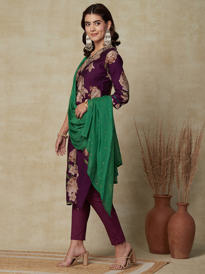 Floral Foil Printed Mirror & Zari Embroidered Kurta with Foil Printed Dupatta - Violet