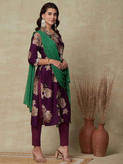 Floral Foil Printed Mirror & Zari Embroidered Kurta with Foil Printed Dupatta - Violet