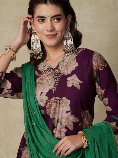 Floral Foil Printed Mirror & Zari Embroidered Kurta with Foil Printed Dupatta - Violet