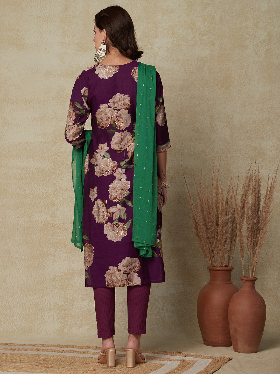 Floral Foil Printed Mirror & Zari Embroidered Kurta with Foil Printed Dupatta - Violet