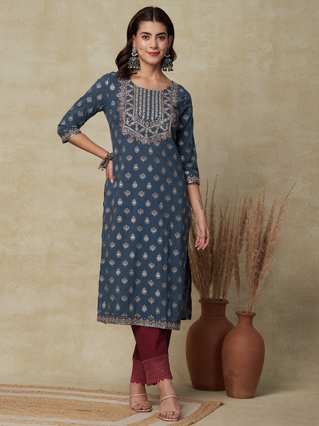 Floral Foil Printed & Embroidered Straight Fit Kurta - Blue